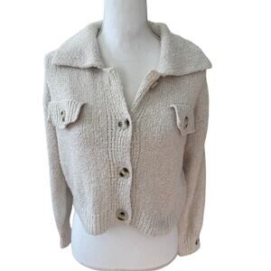 Pink Rose Cropped Collared Sweater Button Front Boucle Oatmeal M